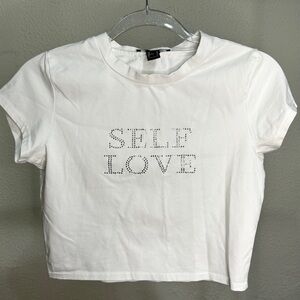 Forever21 White Rhinestone Self Love Tee